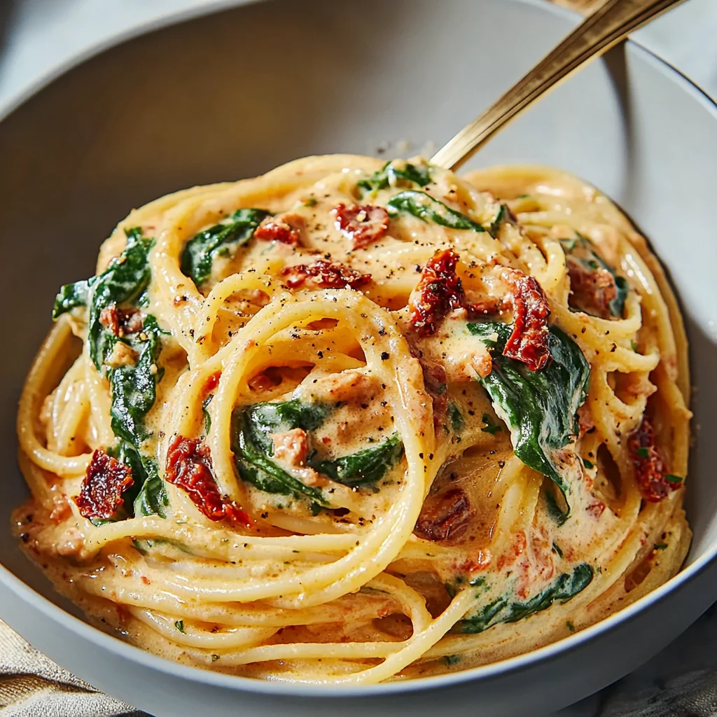 Spaghetti & Spinach with Sun-Dried Tomato Cream Sauce