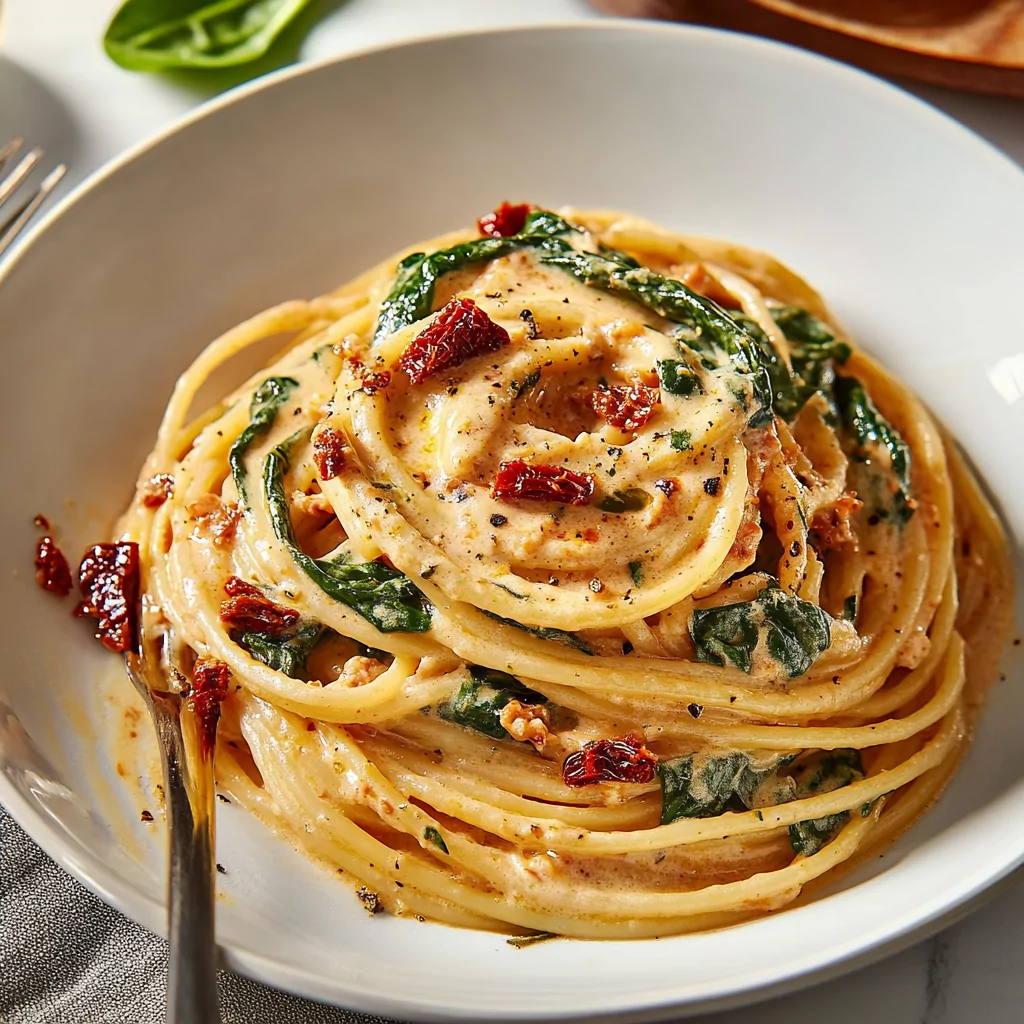 Spaghetti & Spinach with Sun-Dried Tomato Cream Sauce