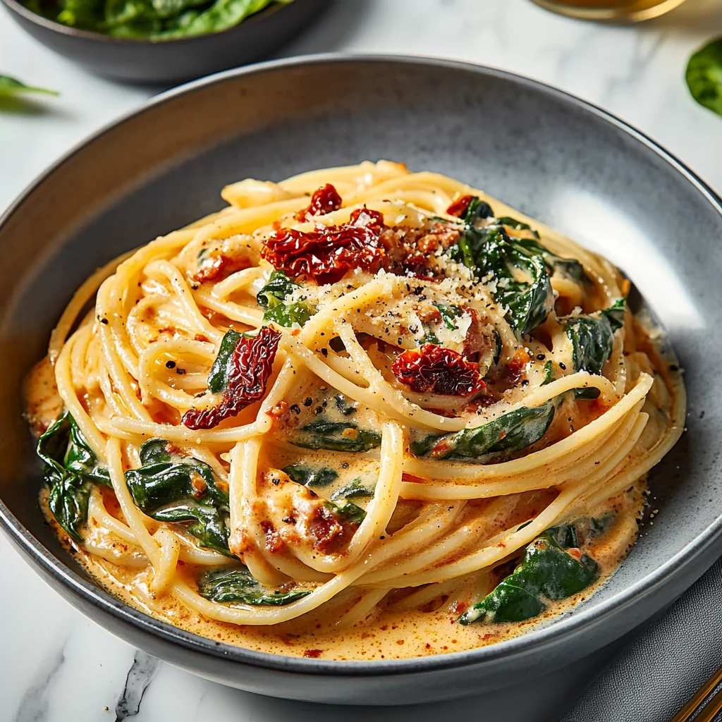 Spaghetti & Spinach with Sun-Dried Tomato Cream Sauce