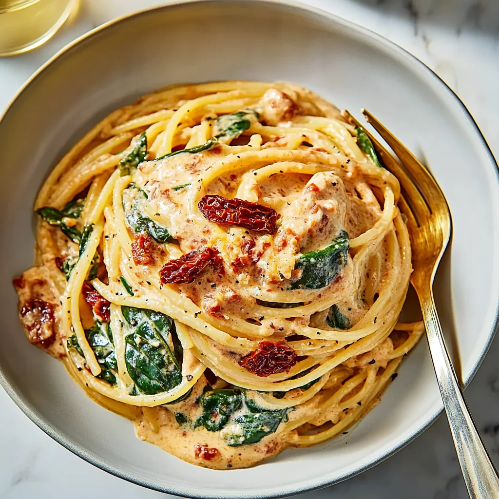 Spaghetti & Spinach with Sun-Dried Tomato Cream Sauce