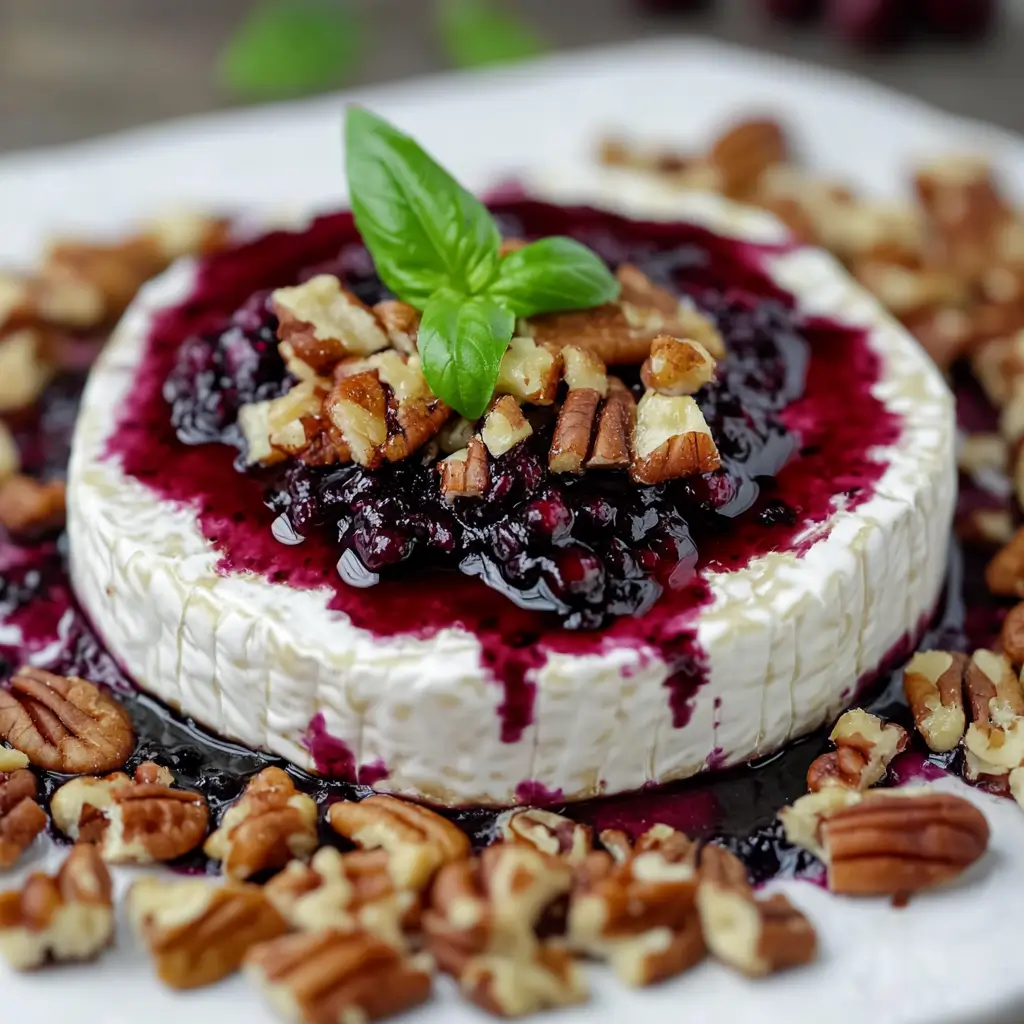 Blackberry Basil Balsamic Brie with Sweetened Pecans