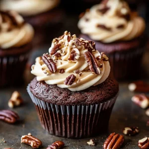 Chocolate Bourbon Pecan Pie Cupcakes with Butter Pecan Frosting