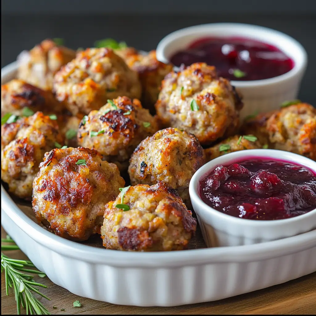 Sausage Stuffing Bites with Cranberry Dipping Sauce