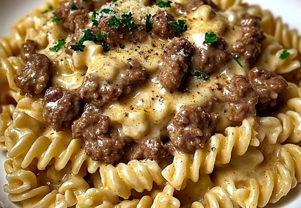 Beef and Rotini in Garlic Parmesan Sauce