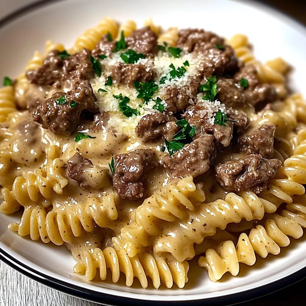 Beef and Rotini in Garlic Parmesan Sauce