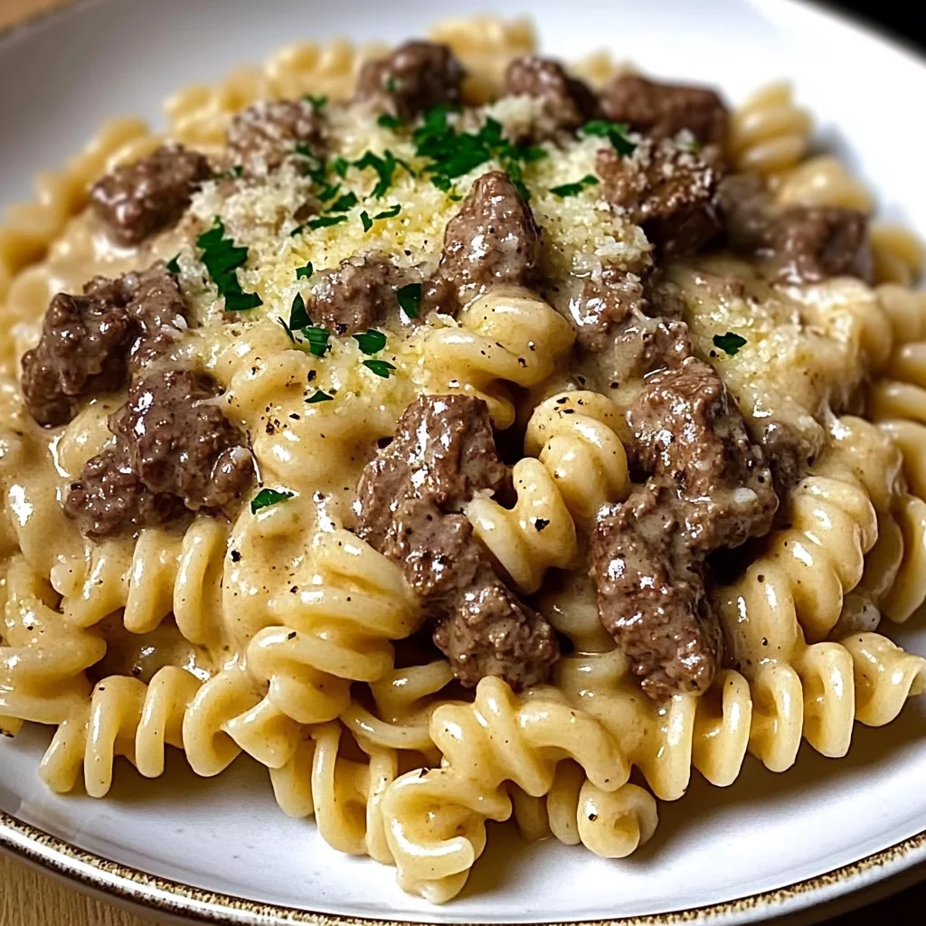 Beef and Rotini in Garlic Parmesan Sauce