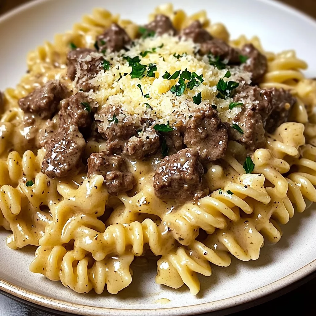 Beef and Rotini in Garlic Parmesan Sauce