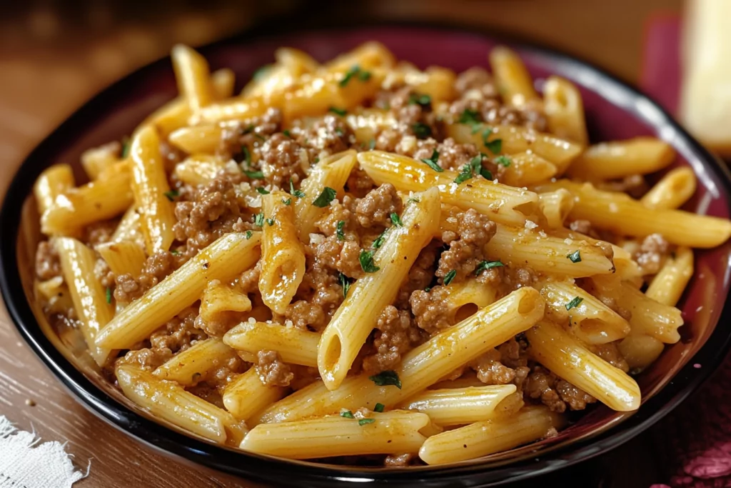 Cheesy Penne with Garlic Butter Ground Beef