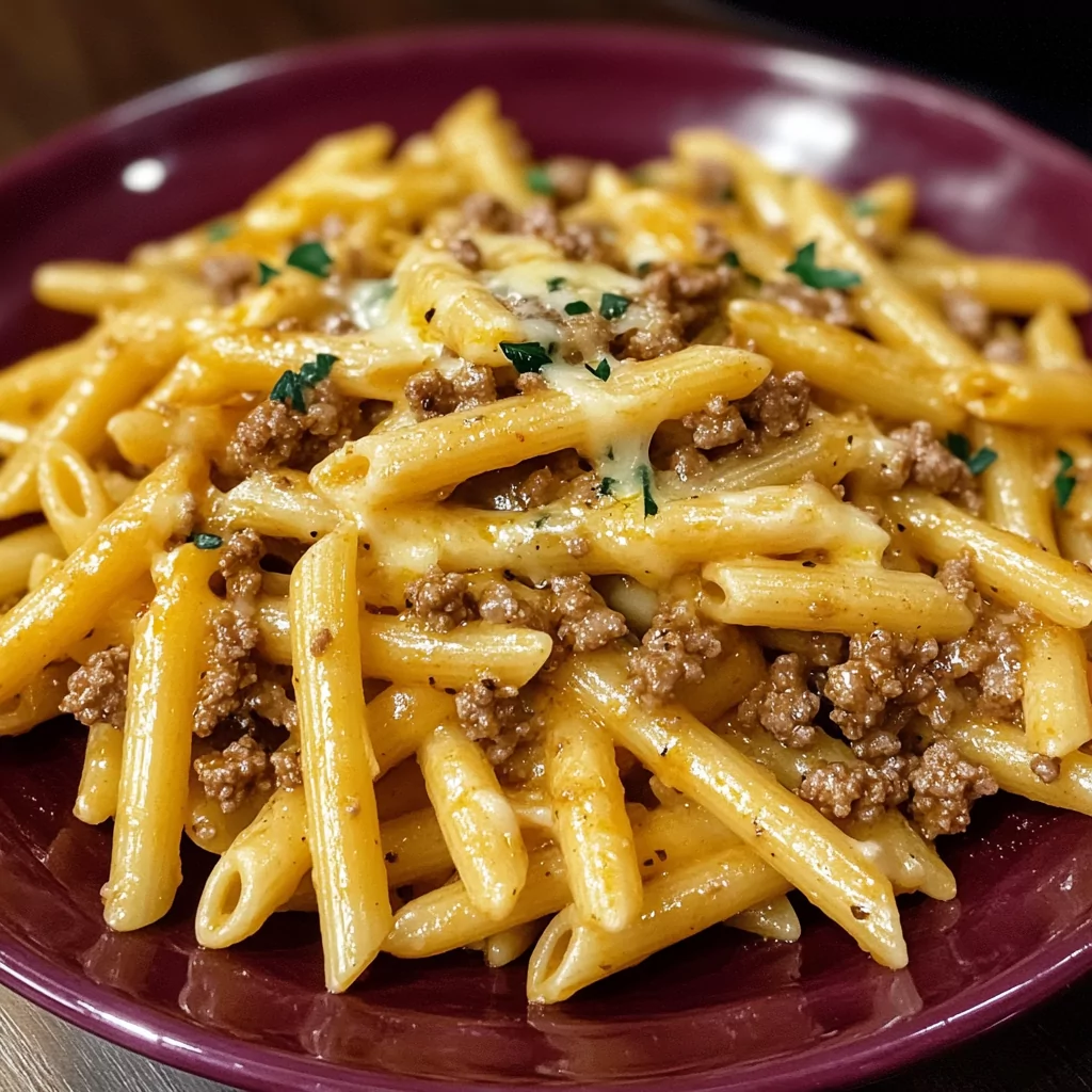 Cheesy Penne with Garlic Butter Ground Beef