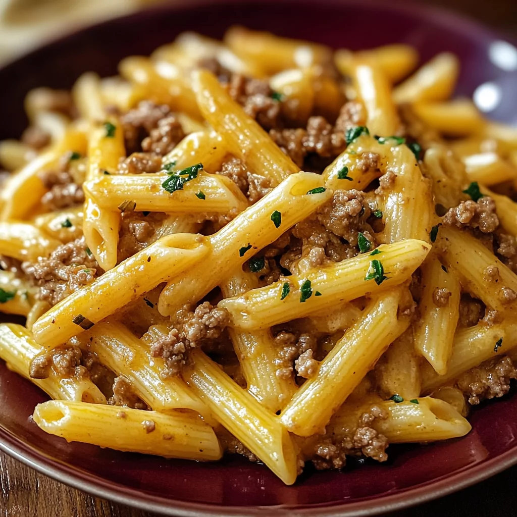 Cheesy Penne with Garlic Butter Ground Beef